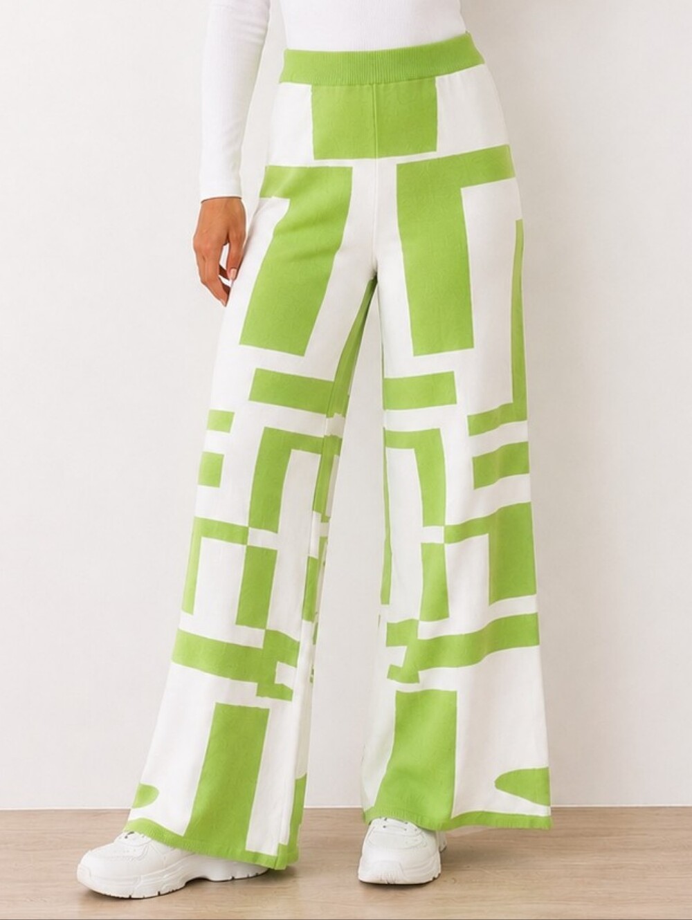 Princess Polly Wide Leg Knit Pants Green White Geometric Resort NWOT